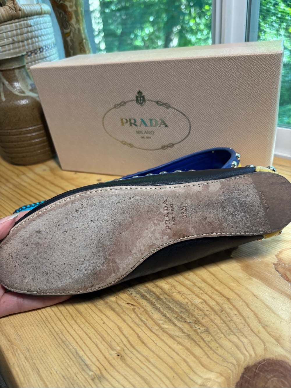 Prada Turquoise and Black Studded Leather Slip-On Loafers - Picture 3 of 7